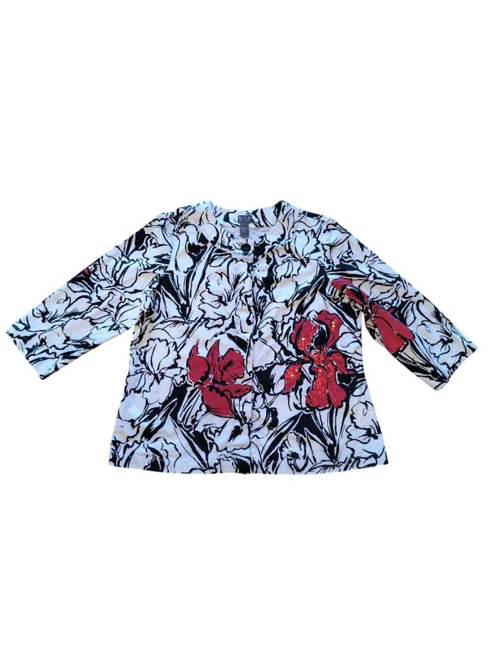 Chicos Additions XL White & Black Floral Blazer With Red Embellished Accents